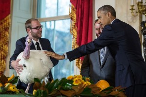 President Barack Obama, National Turkey Federation Chairman Gary Cooper; and son Cole Cooper participate in the annual National Thanksgiving Turkey pardon ceremony in the Grand Foyer of the White House, Nov. 26, 2014. (Official White House Photo by Pete Souza)